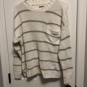 American Eagle White and Beige Striped Sweater Med but Oversized w/large pocket